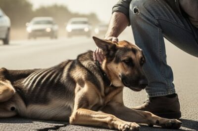 She stumbled on trembling legs, her paws dragging against the dust of the roadside, eyes fixed on every passing figure as though salvation might come walking by. The German Shepherd’s ribs showed like shadows under her fur, her breaths shallow, her body too frail to keep pace with the strangers who looked back for only a second before quickening their steps. She wanted to follow.